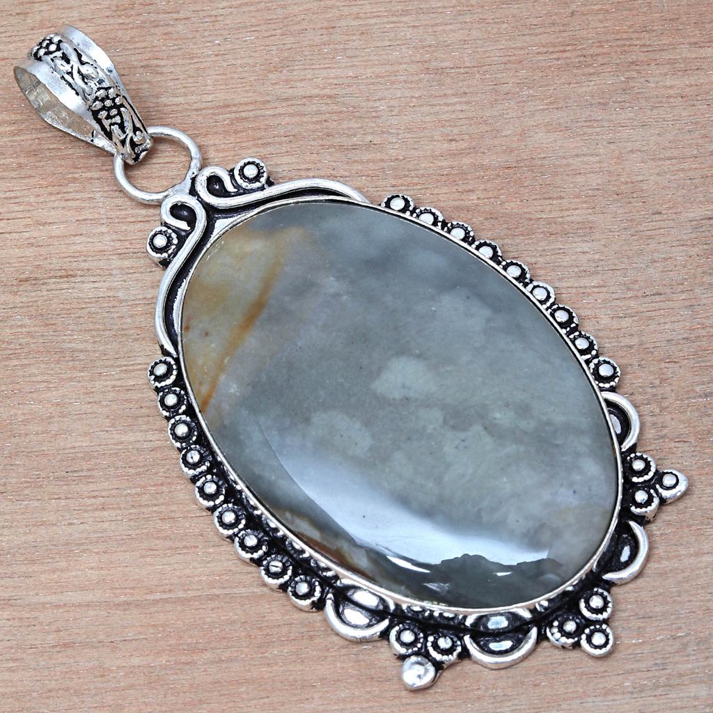 Pendant Polygram Jasper Gemstone Valentine'Day Gift Silver Jewelry 2.75"