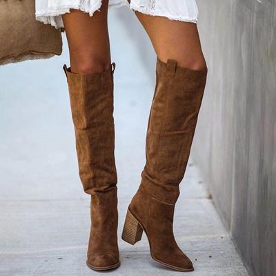 Women Suede Knee High Boots Ladies Solid Pointed Toe Tall Boots Retro Roman High Heels Shoes  Female Autumn Winter Long Boot