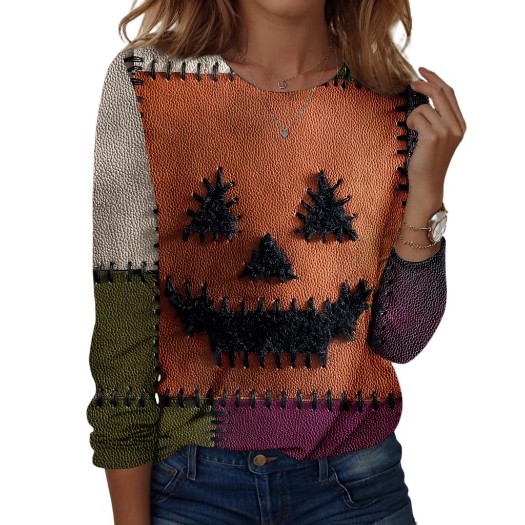 Women's Halloween Long Sleeve Printed Crewneck T-Shirt, Casual Fall Top