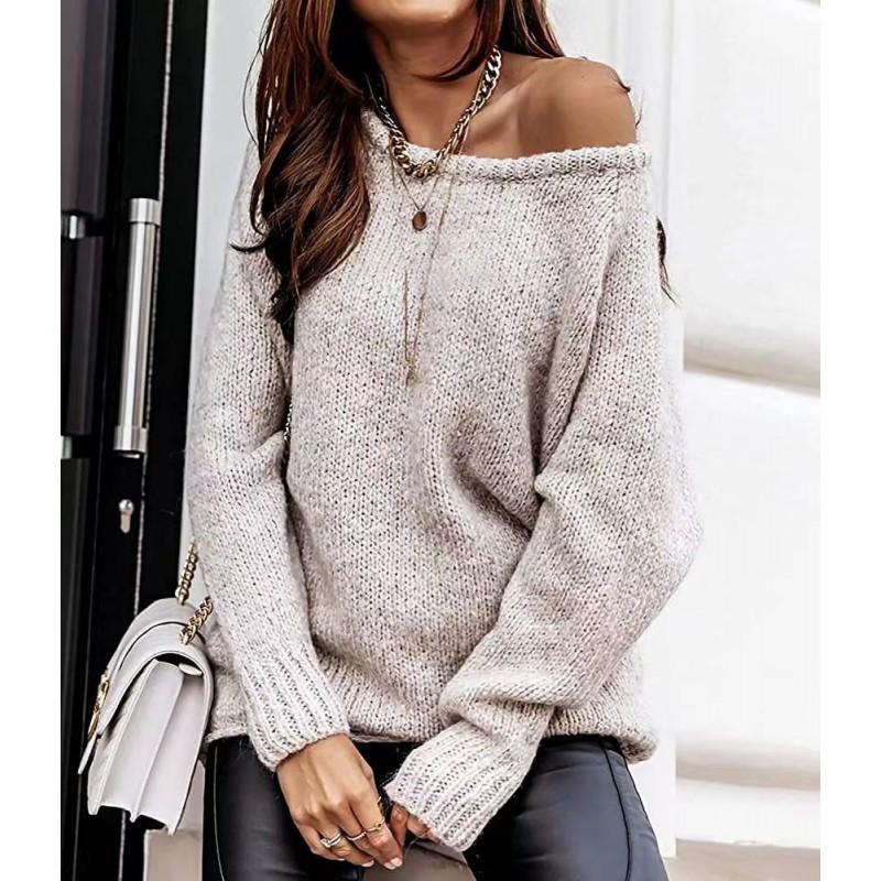 Womens Crew Neck Pullover Sweater Solid Color Loose Fit Long Sleeve Casual Commute Top