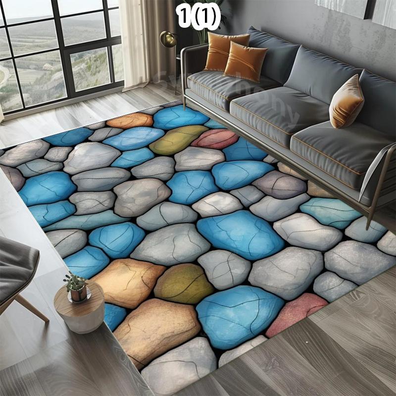 2D Colorful Stone Print Area Rug Non-Slip Washable Entrance Floor Mat Doormat with Cobblestone Rock Pattern Nature Themed Carpet