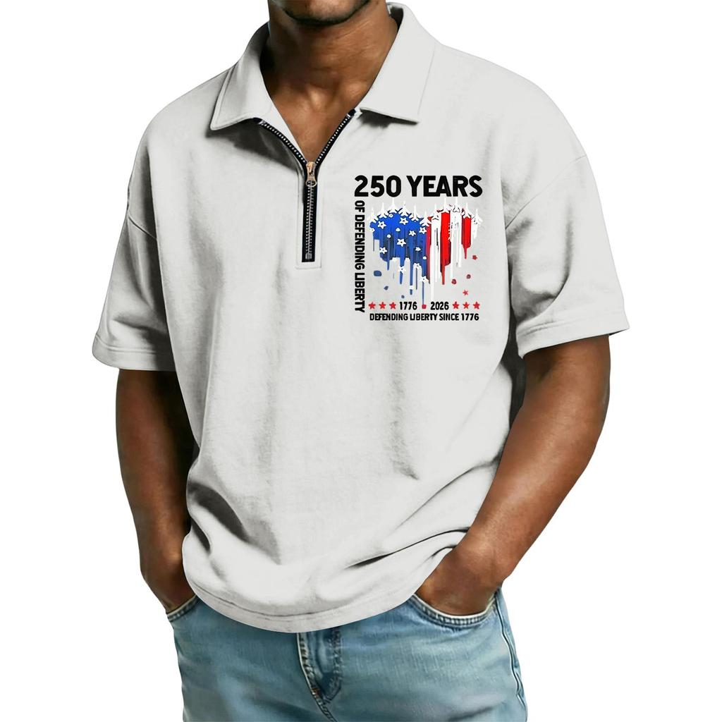 Men’s Short Sleeve Zipper Polo Shirt 250 Years Printed Lapel Collar Top Casual Lightweight Comfortable Fit Tee