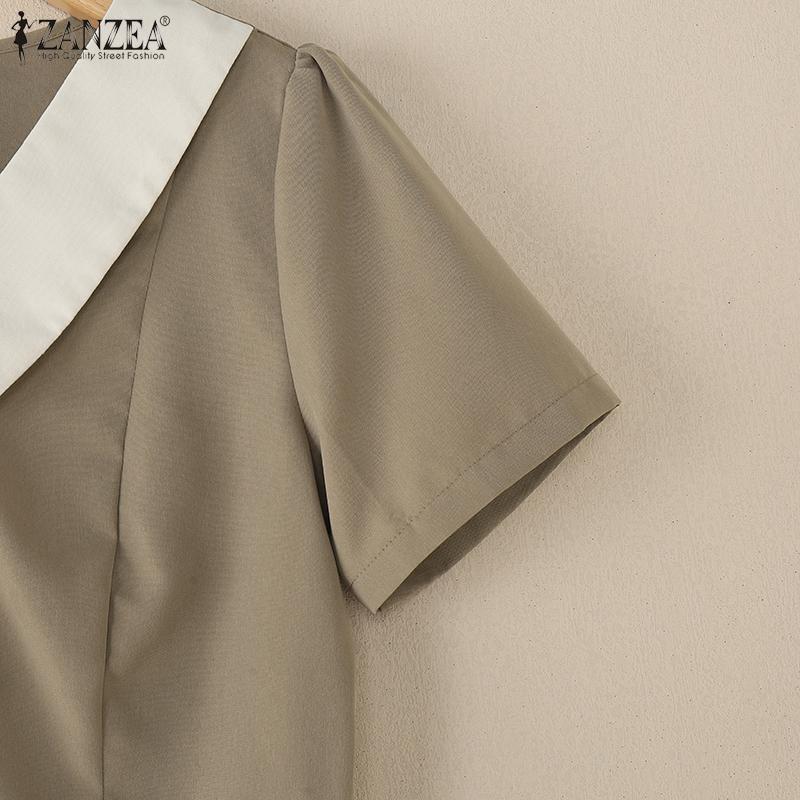 ZANZEA Dámské letní ležérní patchworkové šaty s krátkým rukávem a výstřihem do V