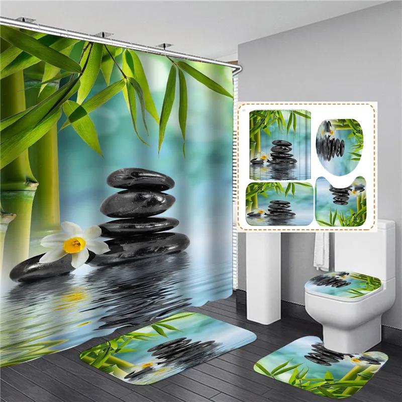 Full Set Bathroom Shower Curtain Set And Rugs Waterproof Fabric Furniture Accessory Zen Flow Water Bamboo For Bath Decoration