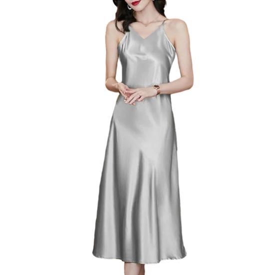 Dámské saténové šaty bez rukávů na špagetová ramínka Sexy výstřih do V Dlouhé šaty Koktejlové večerní šaty