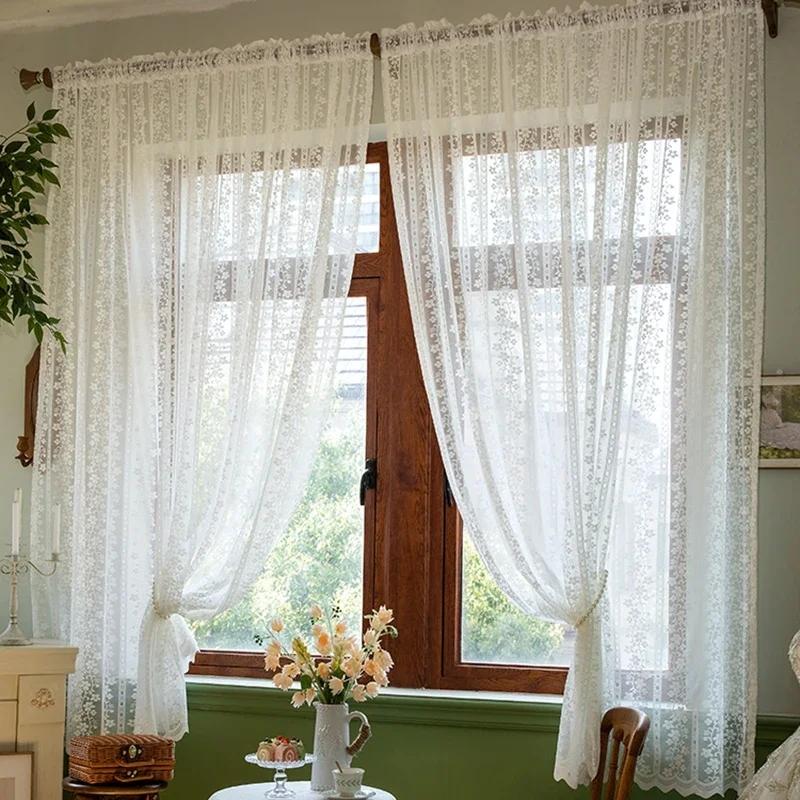 1 Panel,Rod Pocket White Flower Lace Tulle Curtain for Window Sliding Door Kitchen Light Translucent Living Room Sheer Romantic Home Decoration