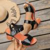 Patent Leather Square Heel Sandals Summer New Round Head Open Toe Sewing Line Waterproof Platform High Heels