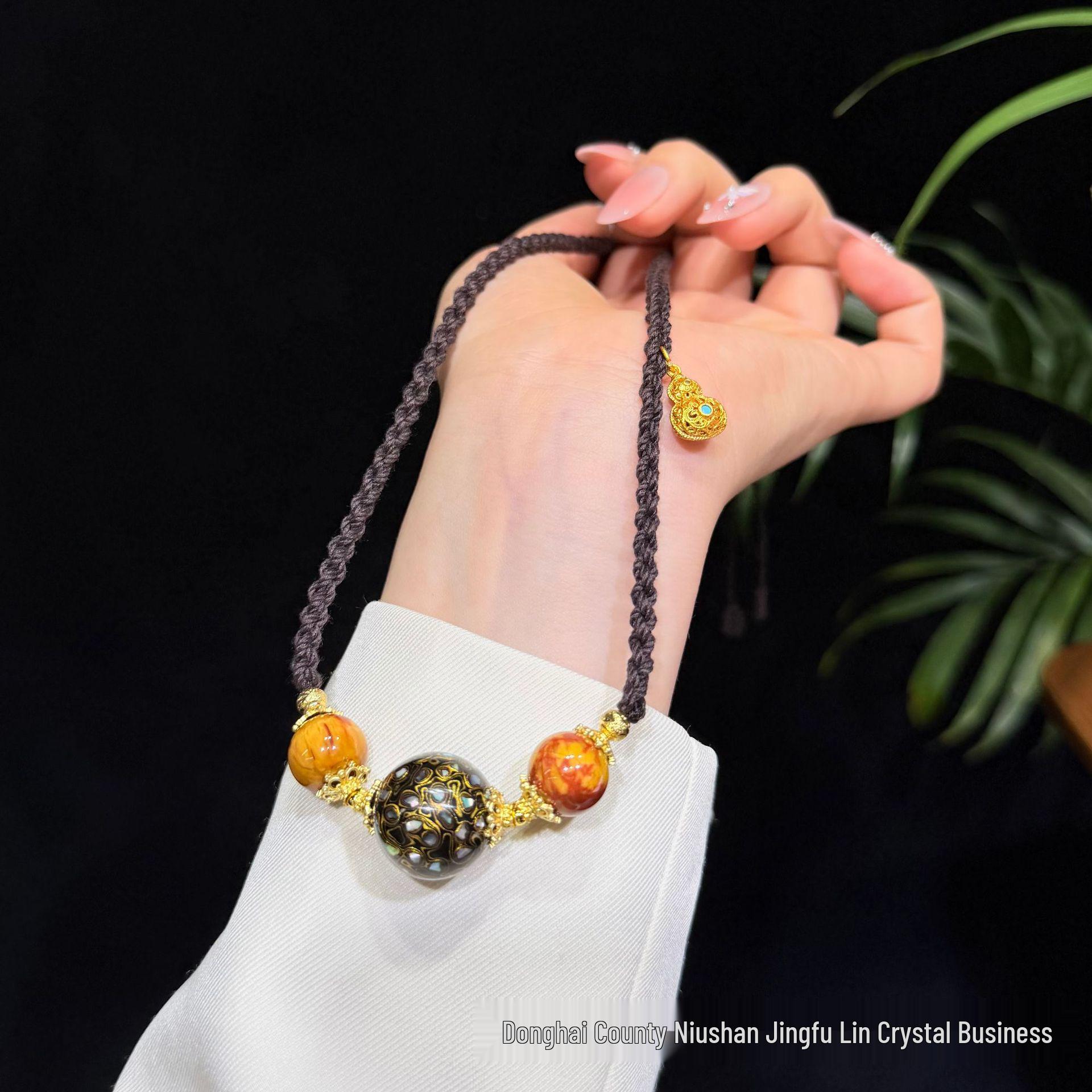 Chinese Blue Lacquer Pearl Pendant Necklace with Natural Crystal Beads – National Style Retro Sweater Chain