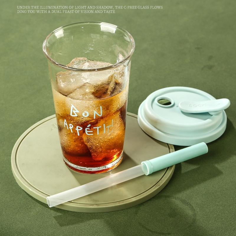 High Aesthetic Printed Straw Cup, Glass Cup with Lid, Portable Flip Over Student Water Cups, Beverage Beer Glass, Wine Glasses