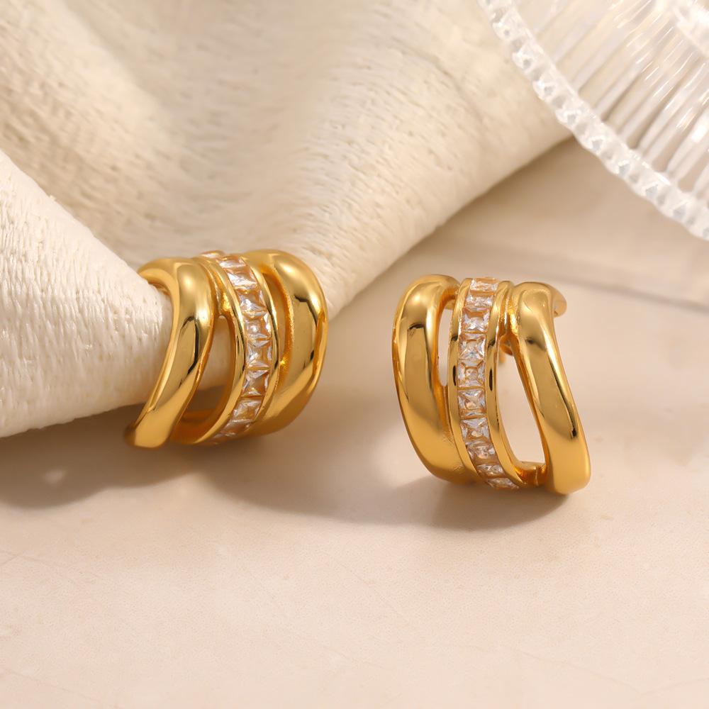 Cross-border Stainless Steel Hoop Earrings Light Luxury Premium Feel Featuring Cubic Zirconia 18k Real Gold Plating