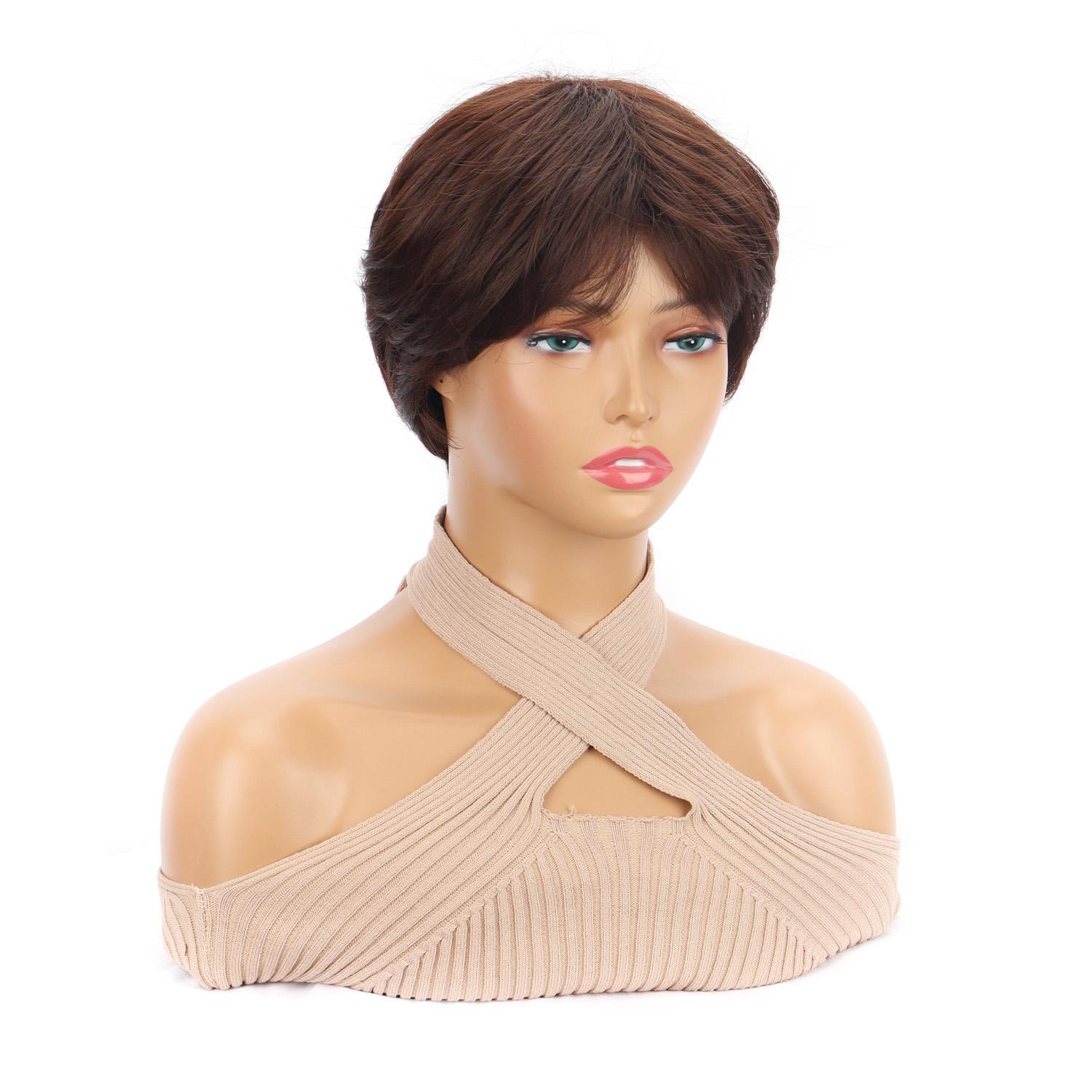 

Короткие коричневые парики для белых женщин Коричневые парики с стрижкой пикси со светлыми бликами Натуральный короткий парик из синтетических волос для женщин 15cm