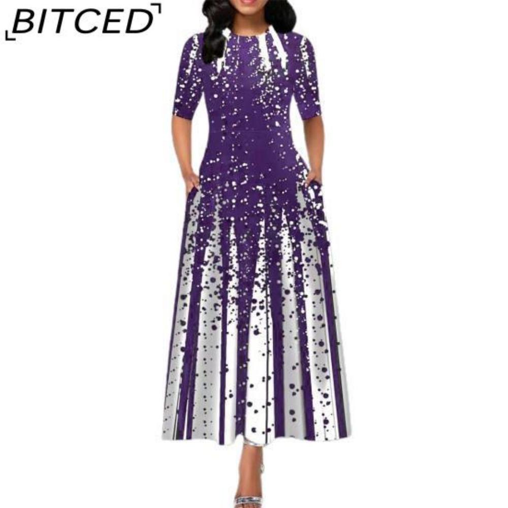 

BITCED Повседневное женское платье-пуловер со средней талией и круглым вырезом, платье с принтом и большим подолом, платье с коротким рукавом и длиной до щиколотки, женские платья XXXXXL фиолетовый