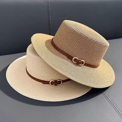 Flat Top Straw Hat Women's Summer Sunshade Sunscreen Hat Vacation Style Straw Hat Top Hat Travel Seaside Beach Hat