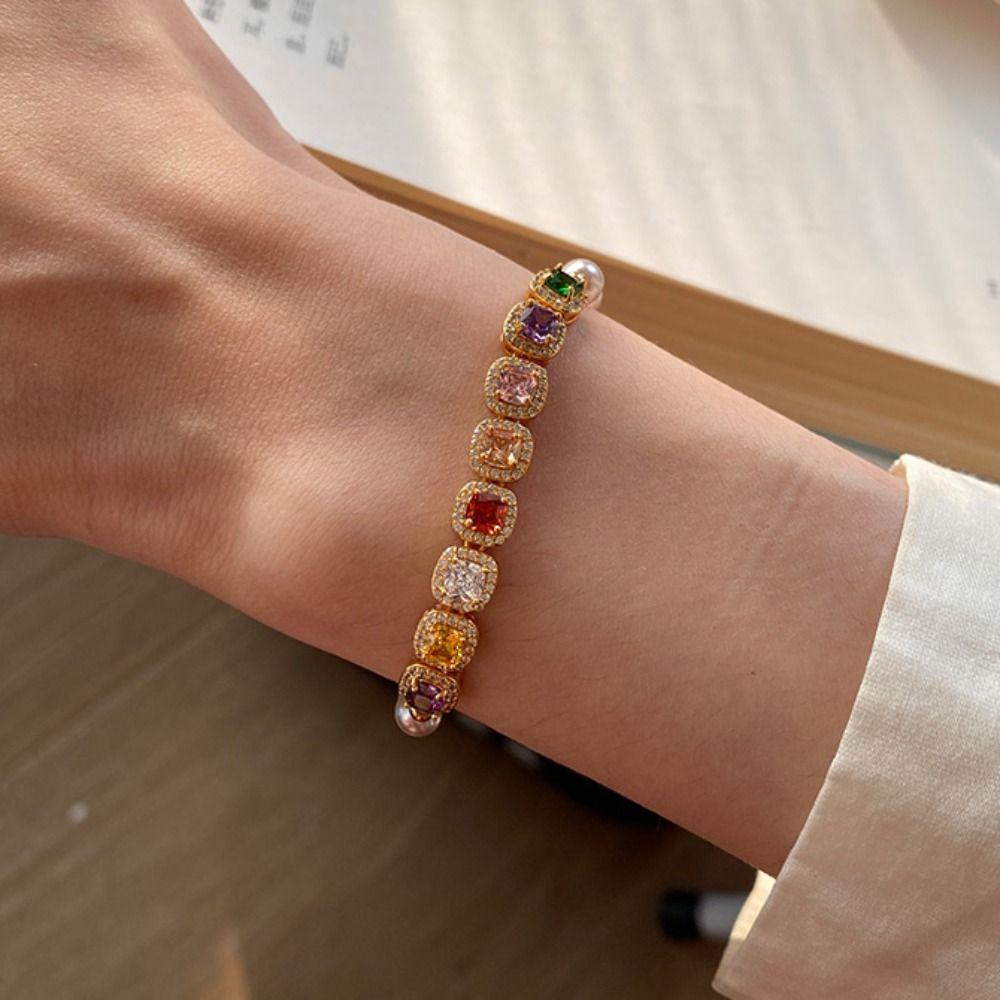 Ornaments Rainbow Rhinestone Bracelet Luxury Colored Zircon Bracelet Pearl Crystal Bracelet  Gifts