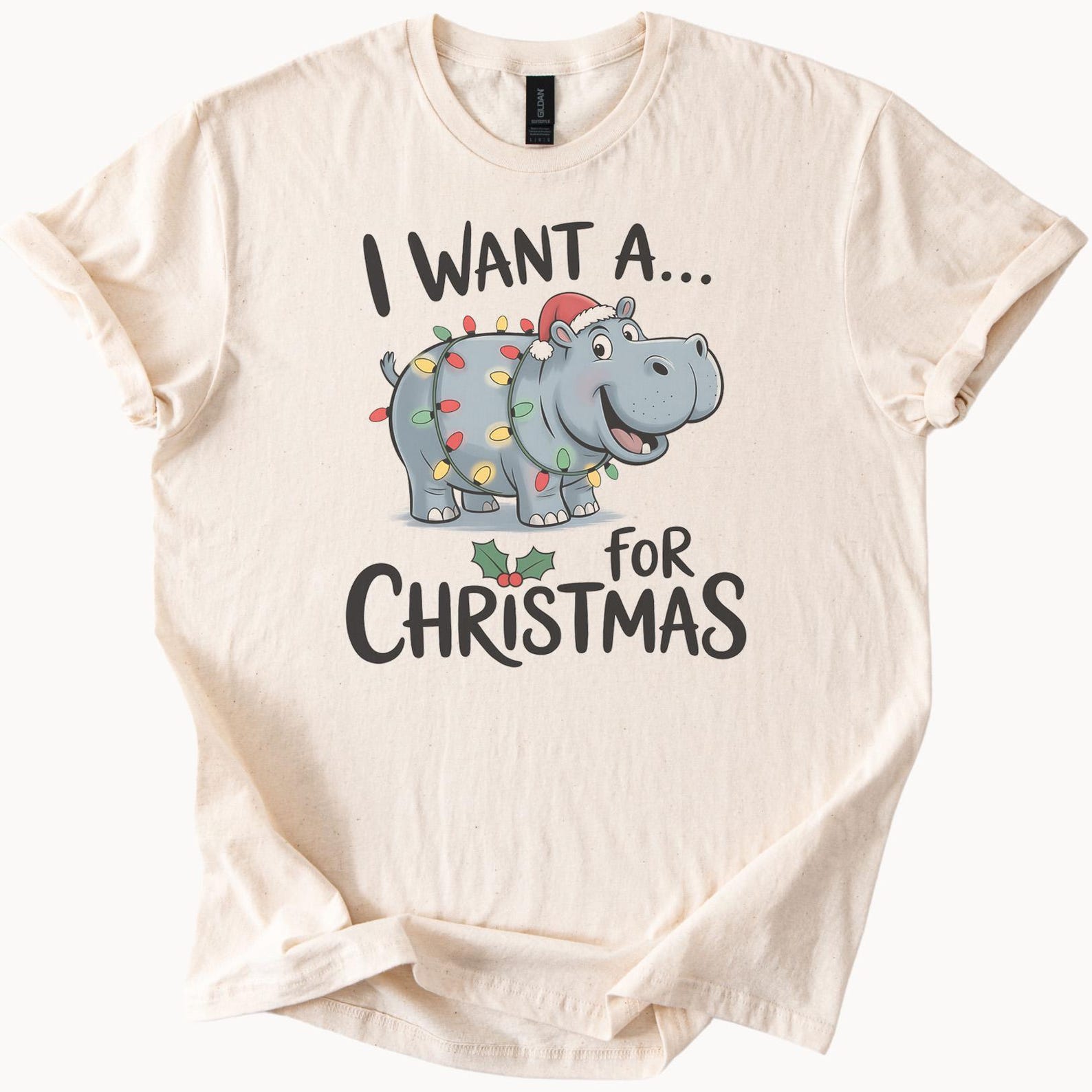 Christmas Hippo Shirt I Want a Hippo for Christmas Funny Holiday Lights Cute Animal Graphic Xmas Gift Tee Unique Hippo T Shirt Present 110