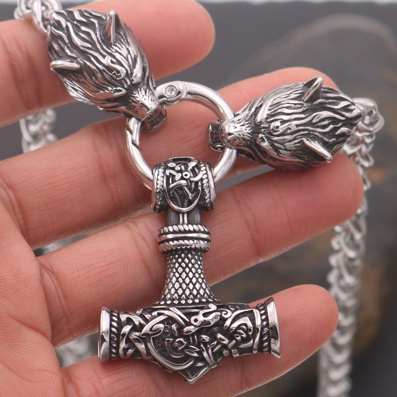 Nordic Viking Wolf Head Thor Hammer Pendant Necklace Men's Accessories