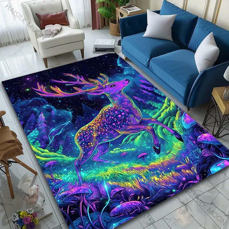 1PC Colorful deer in magical forest Print Carpet Rug for Living Room Bedroom Sofa Doormat Home Decor Non-slip Floor Mat