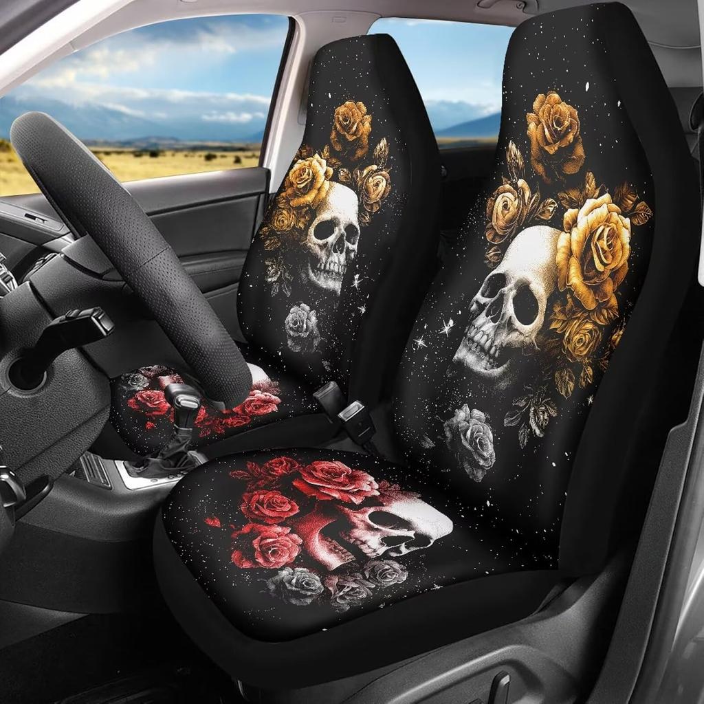 Bulopur Cute Black Gray Skull Set of 2 Car Seat Covers Universal Auto Front Seats Protector Fits for Car,SUV Sedan,Truck