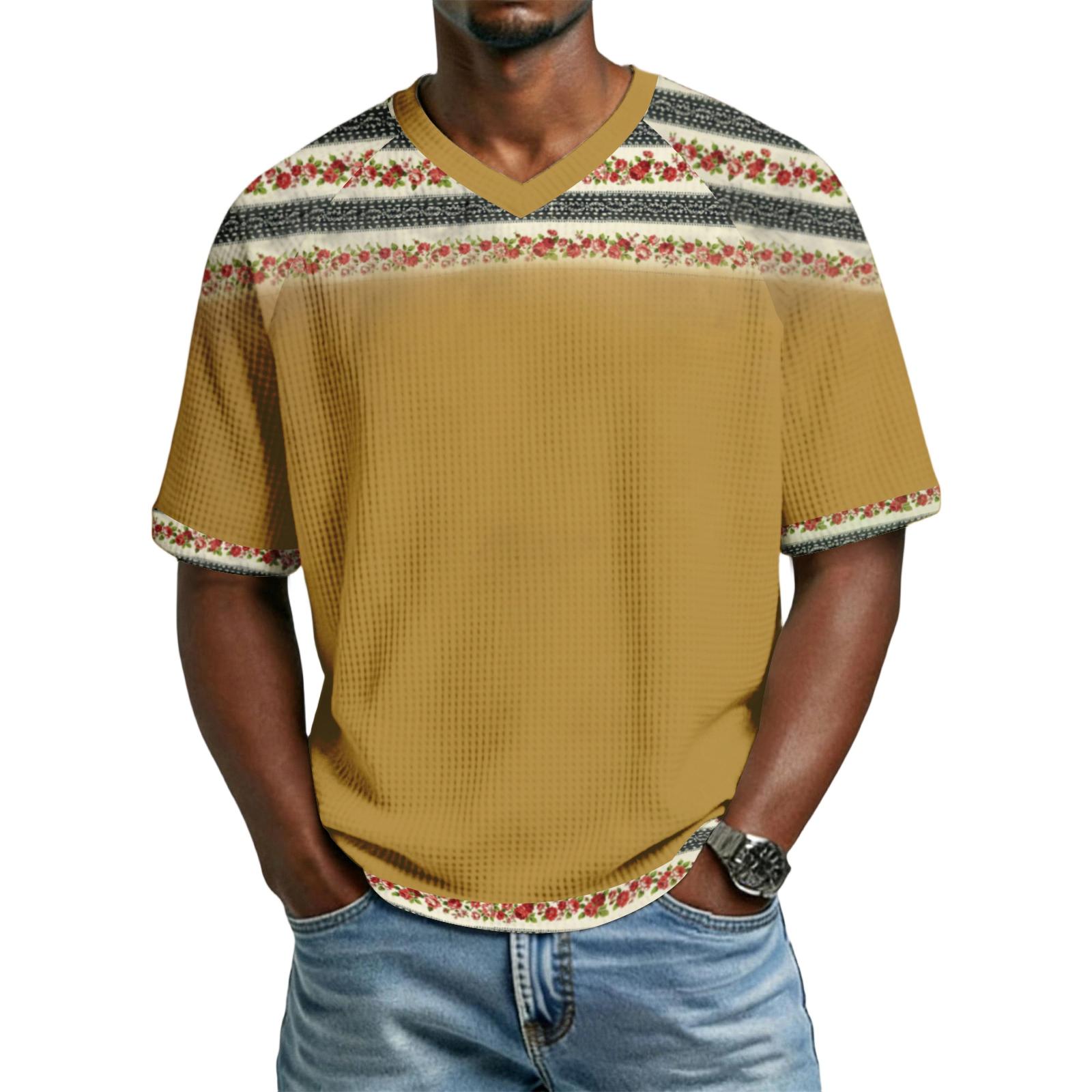 

Men s casual stylish retro texture printed short-sleeved shirt Men s breathable V-neck short-sleeved top XL