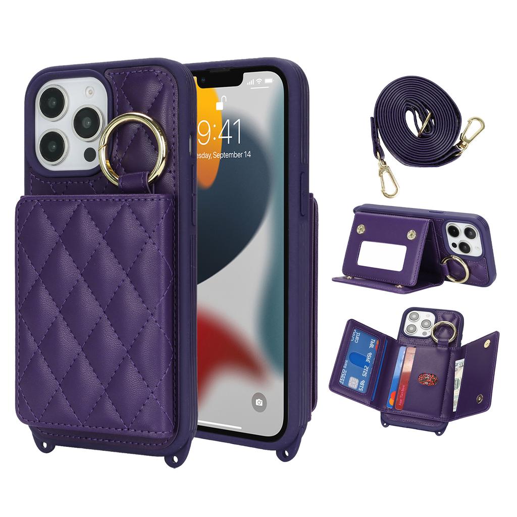 For iPhone 13 Pro Max/12 Pro Max Case with Lanyard/Mirror/Card Holder Grids Pattern RFID Blocking Phone Cover