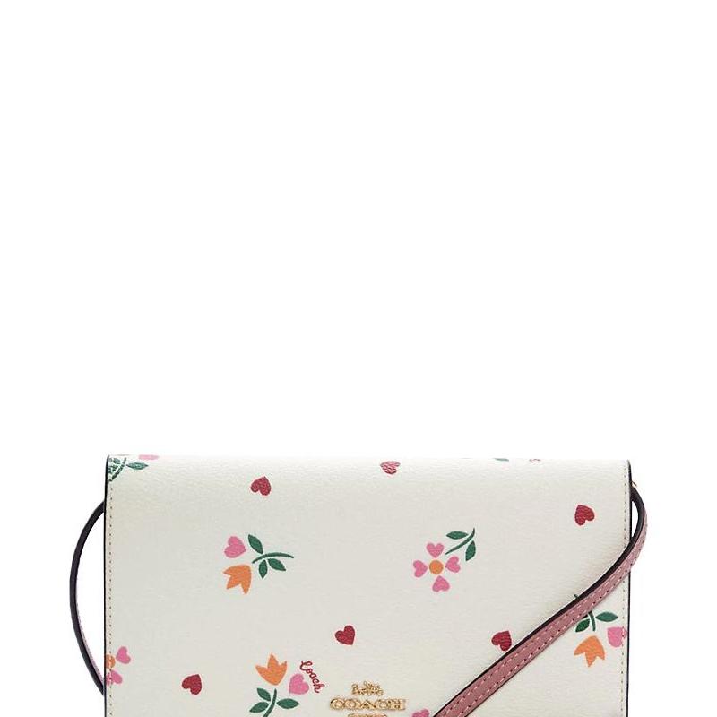 Coach Anna 20 Heart Floral Print Flap Coated Canvas And Leather Crossbody Bag Small Women Crossbody Bag Pink White C7657-IMCAH