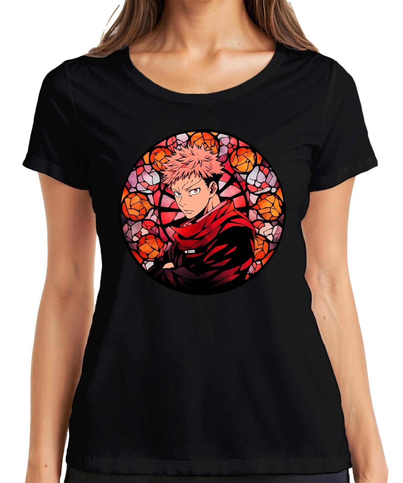 Itadori Jujutsu Kaisen Anime roter Schal Glasfenster Gothic Damen T-Shirt XS