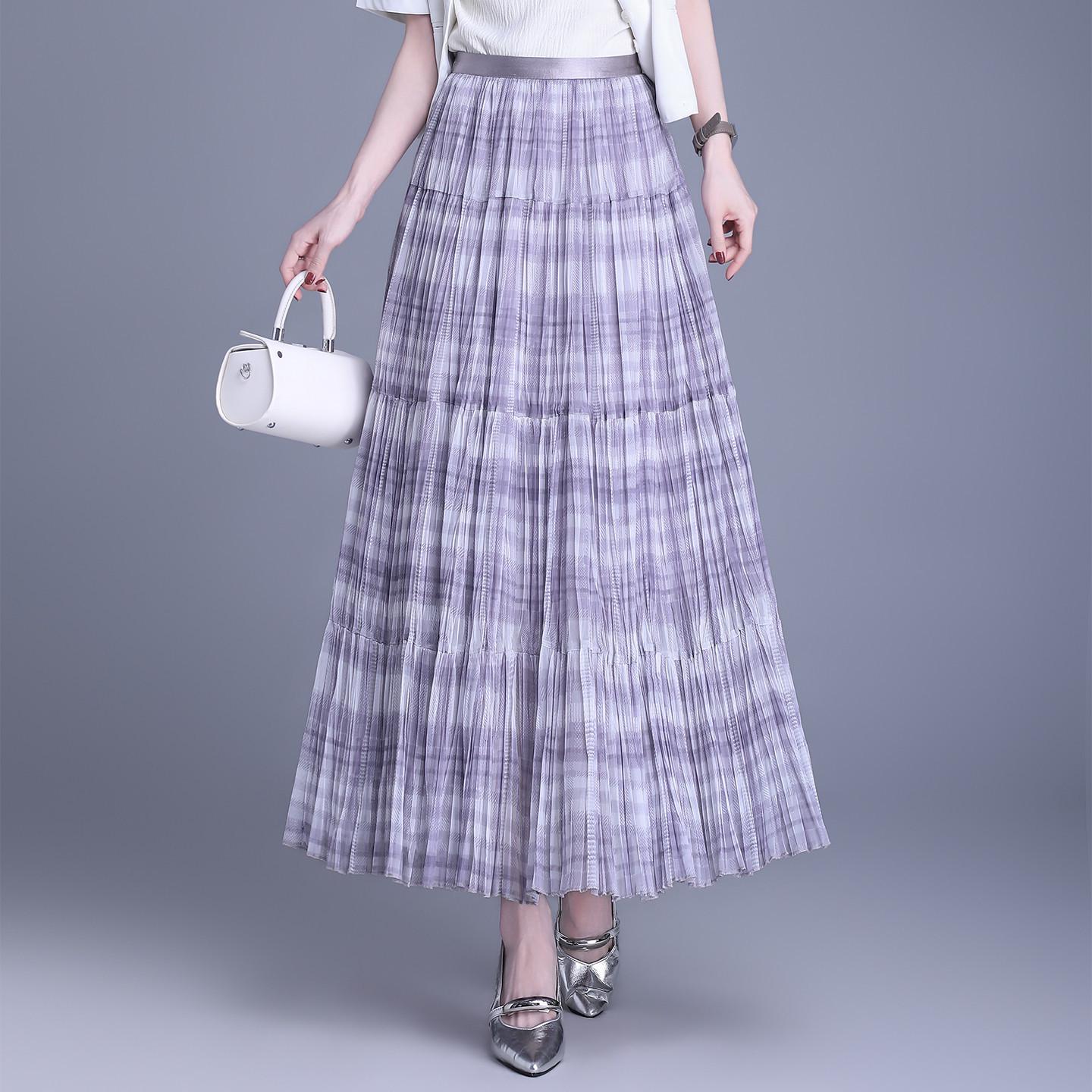 

Elegant Spring 2026 Plaid Pleated A-line Skirt with Wide Hem One Size фіолетовий