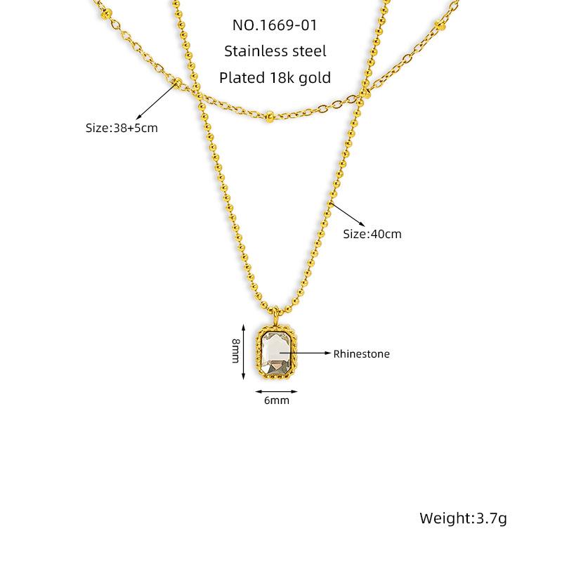 Fashion Versatile White Zircon Square Stainless Steel Stud Earrings Necklace Set French Simple Titanium Steel Decoration