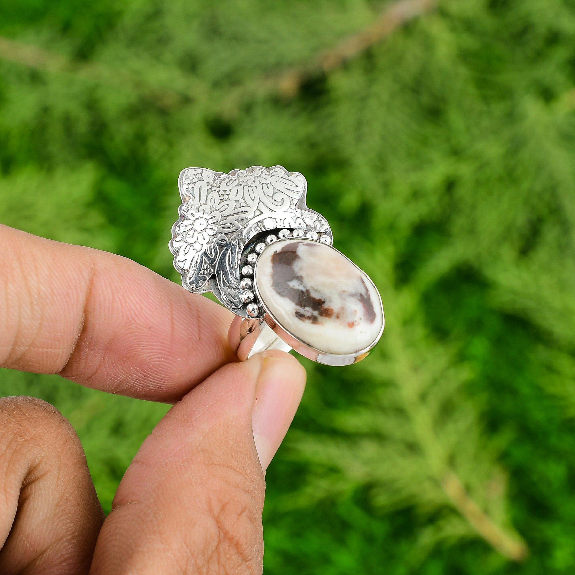 

Mothers day Sale 925 Sterling Silver Oval Peanut Wood Jasper Stone Promise Ring Adjustable