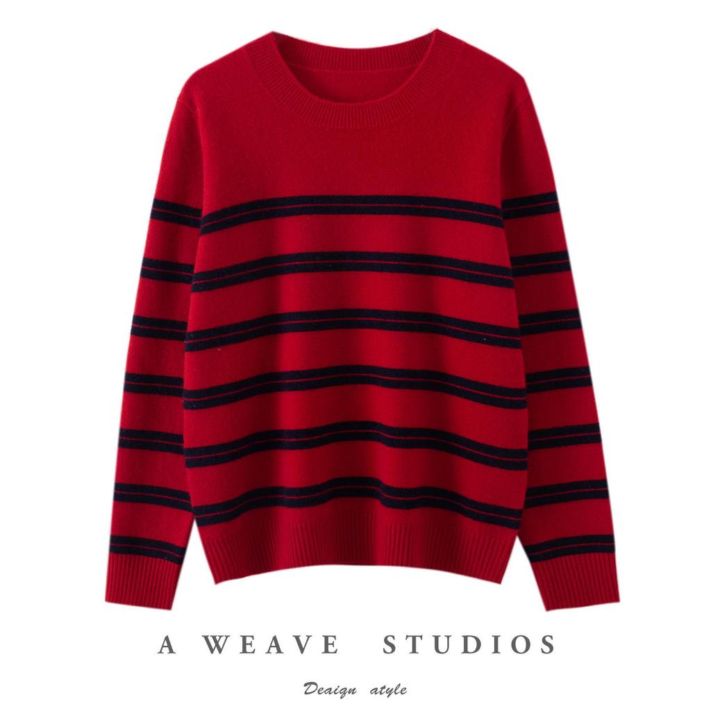 Women's 100% Pure Wool Color Block Stripe Round Neck Sweater - Warm, Casual Knitwear for New Year