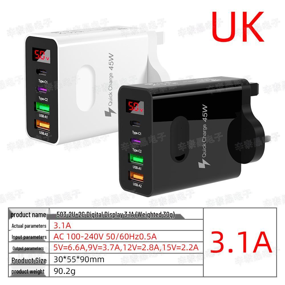 USB Multi-Port Charging Head with Digital Display, EU/UK Standard, 2PD+2U Ports, 3.1A Mobile Charger