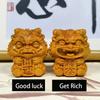 Natural Solid Wood Feng Shui Little Lion Lucky Mini Statue Cute Home Room Office Car Decorations  Featured Mascot A pair