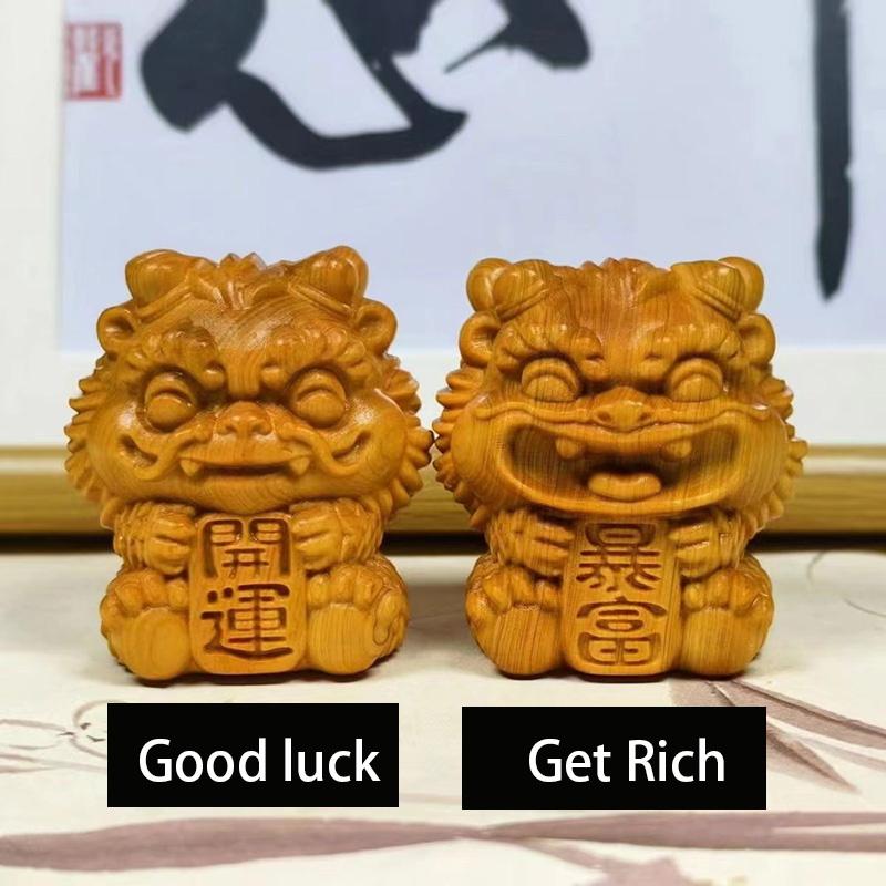 Natural Solid Wood Feng Shui Little Lion Lucky Mini Statue Cute Home Room Office Car Decorations  Featured Mascot A Pair
