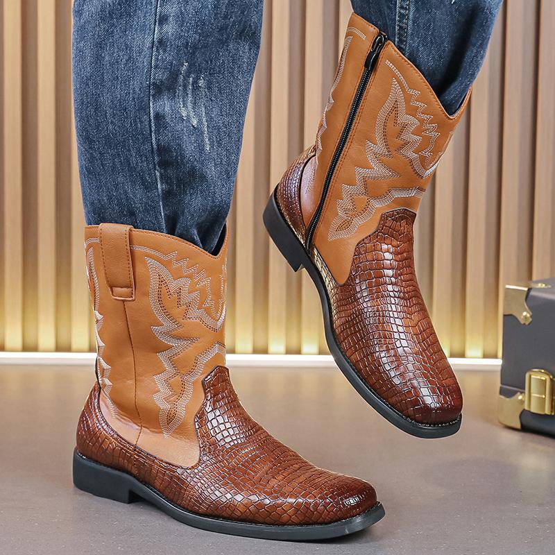Fashion Men's Luxe British Shoes Cowboy Botas Brogue Shoes Men Crocodile Pattern Boots Retro Side Zipper Motorcycle Boots Chelsea Boots