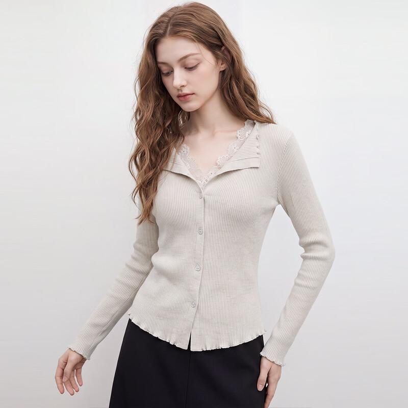 Hstyle Women's V-Neck Lace Patchwork Knit Cardigan