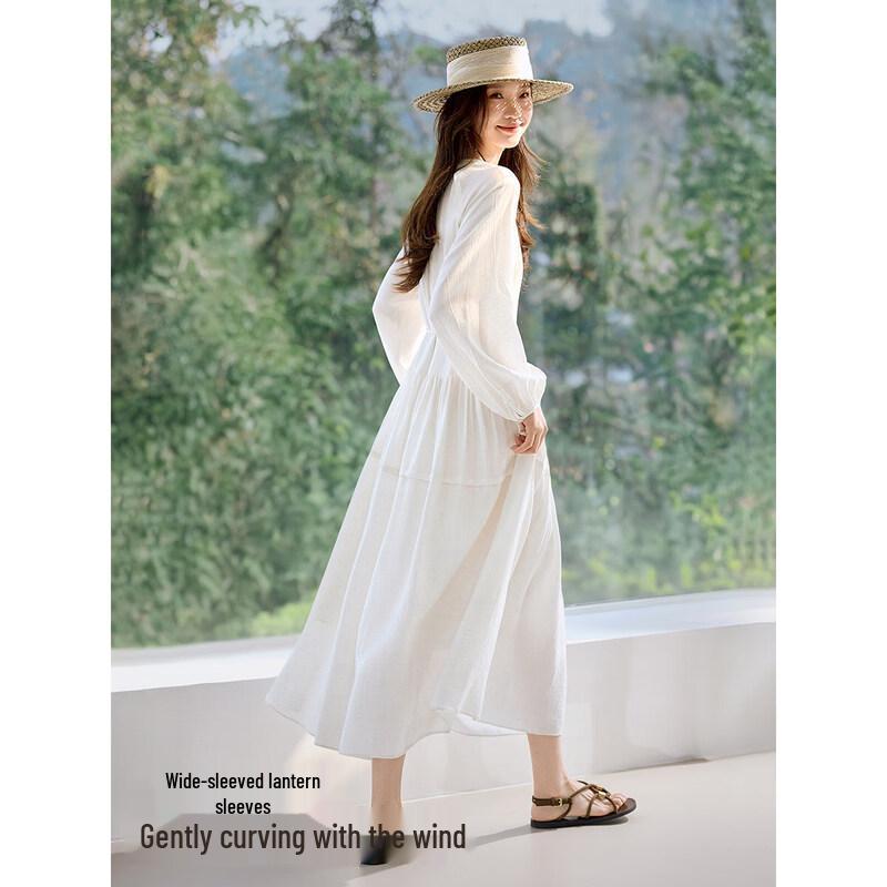 Mohan Yimei French Style Linen Blend V-Neck Midi Dress