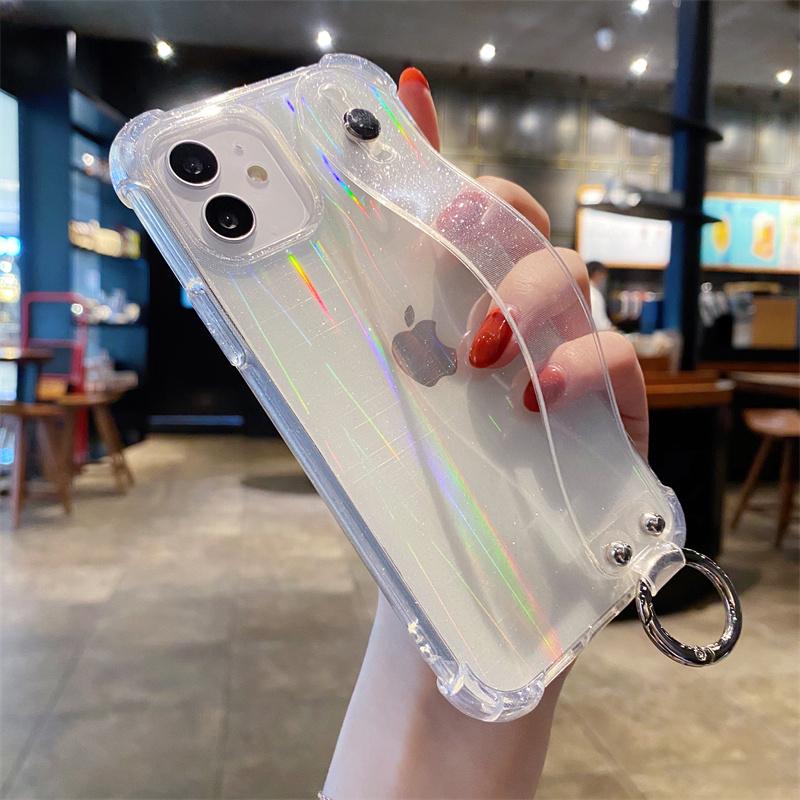 Shockproof Transparent Wrist Strap Laser Case For Iphone 14 13 12 Pro Max Xr Xs Max 13 14pro Max Clear Phone Holder Back Cover