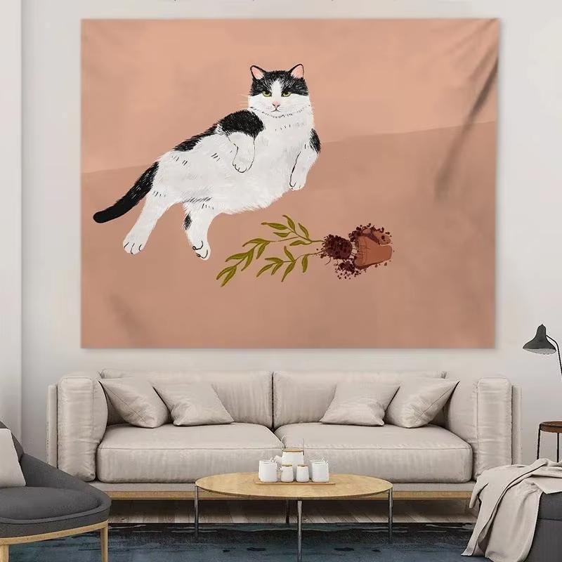 Trendy Abstract Cat Tapestry Stylish Feline Print Modern Wall Art Chic Home Accent for Trendsetting Interiors