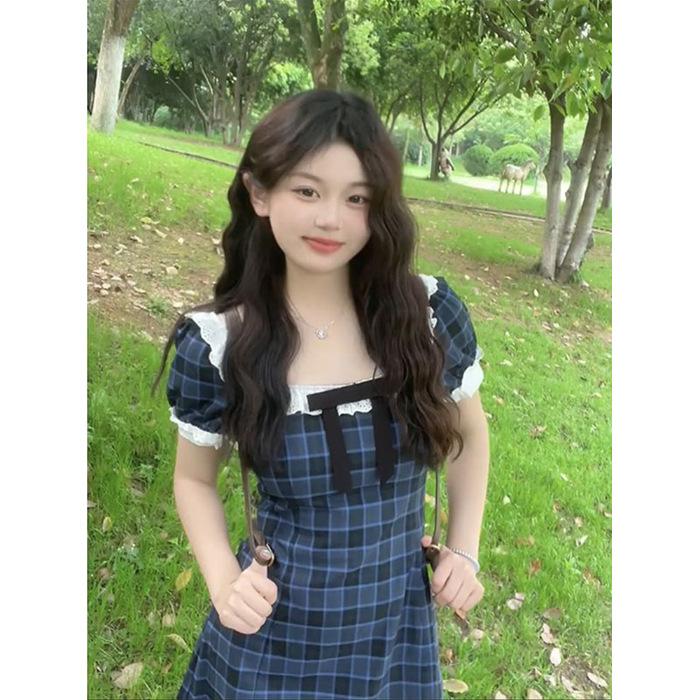 Academy style small dress women s summer new French square collar blue plaid bubble sleeve waist temperament skirt S