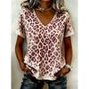 Women's Vintage Red Leopard Print V-Neck T-Shirt, Casual Short Sleeve Tops, Retro Style Daily Wear for Spring & Summer