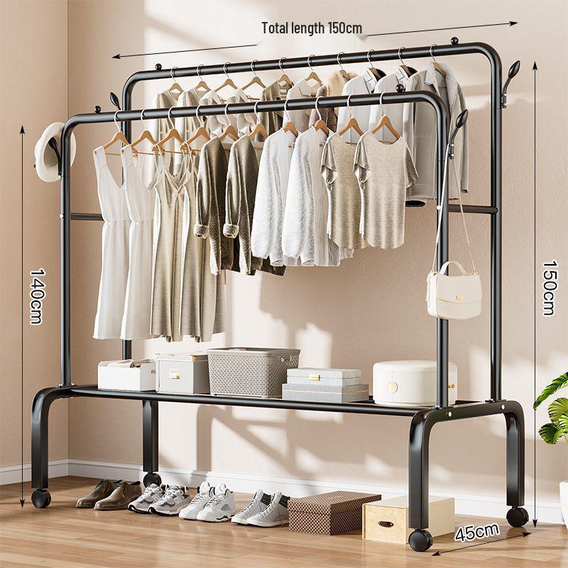 Indoor Double-Rod Floor-Standing Clothes Rack for Balcony or Bedroom