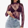 Women's Mesh Transparent Lace Layered Top Neck See-Through Shirt