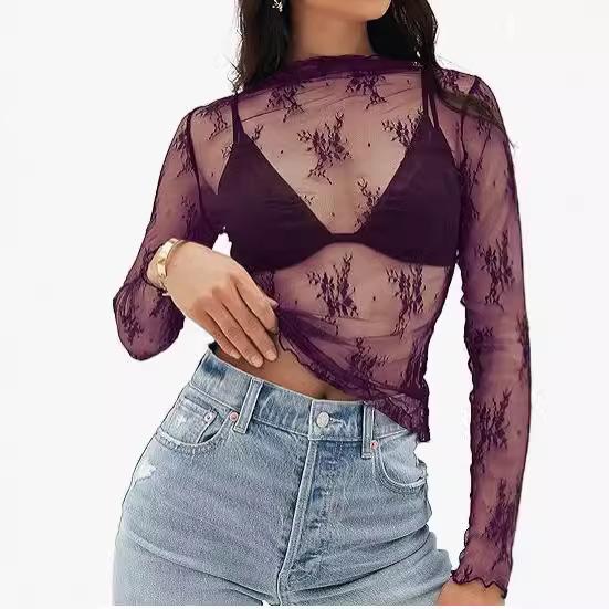 Women's Mesh Transparent Lace Layered Top Neck See-Through Shirt