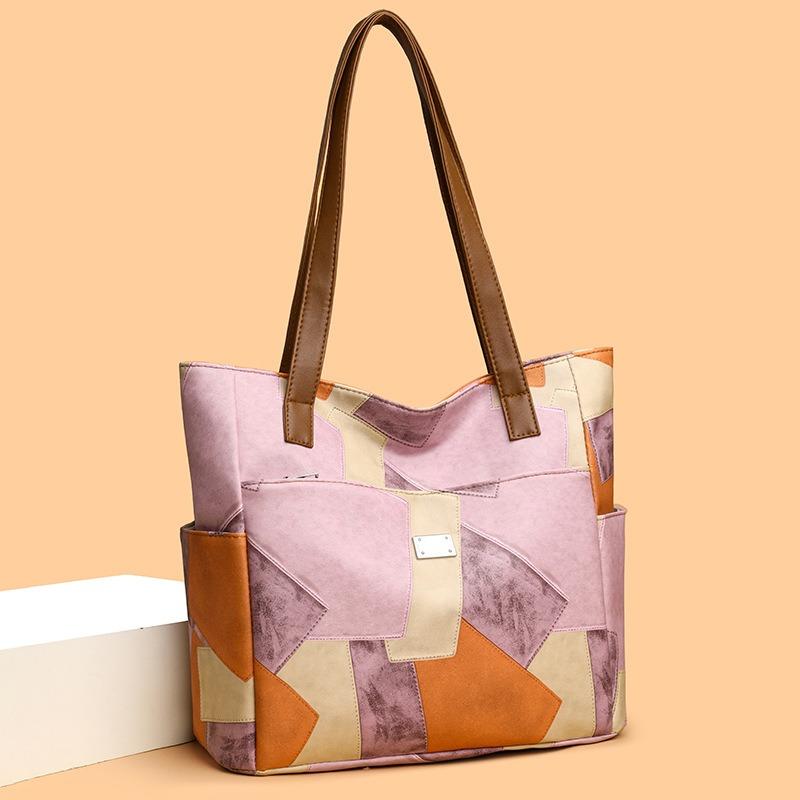 Women's Fashion Large Capacity Soft Surface Splicing Contrast Color Tote Bag Summer Shopping Bag Underarm Shoulder Bag