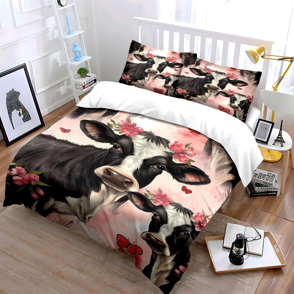 Cow Pattern with Flowers and Butterflies Bedding Duvet Cover Set (1*Duvet Cover 2*Pillowcases, without duvet insert)