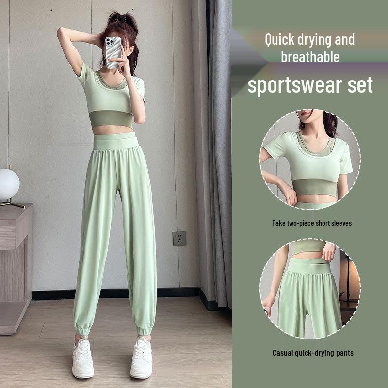 2025 Women's Quick-Dry Sportswear Set: Summer Gym & Yoga Suit with Casual Green Pants