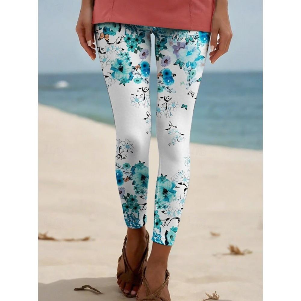 Damen Leggings Vintage Mode Lässig Knöchellang Hoher Bund Aquarell Blumenmuster Druck Thermisch Warm Weich Atmungsaktiv Mikro-elastisch
