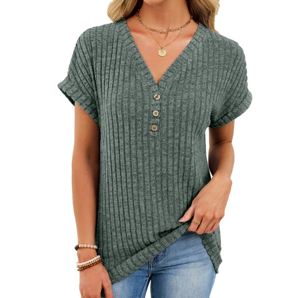 Summer Spring Women's Solid Color V-neck Button Short Sleeve Casual Knit T-shirt