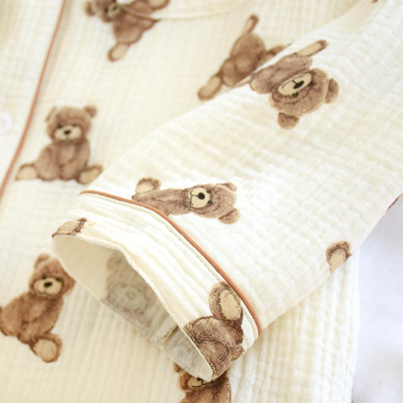 Women's Long-sleeved Trousers 100% Cotton Pajamas Double-layer Gauze Loungewear Crepe Breathable Cartoon Bear Print Pyjamas