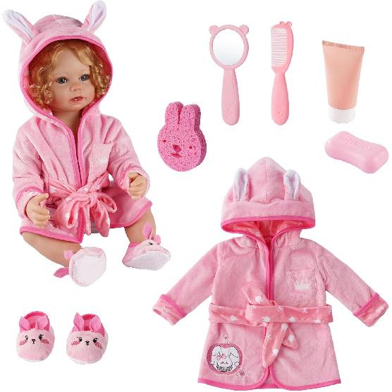 7 PCS Reborn Baby Doll Bathrobe Rabbit Pattern with Slippers and Bath Playset for 17-22 Inch Baby Doll Accessories with Mirror, Comb, Soap, and Bath